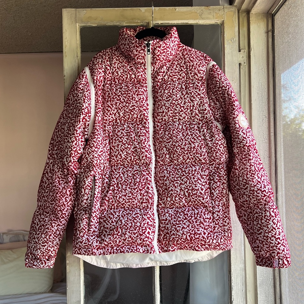 Joyrich Mens Red and White Velvet Composition Convertible Vest Puffer Jacket